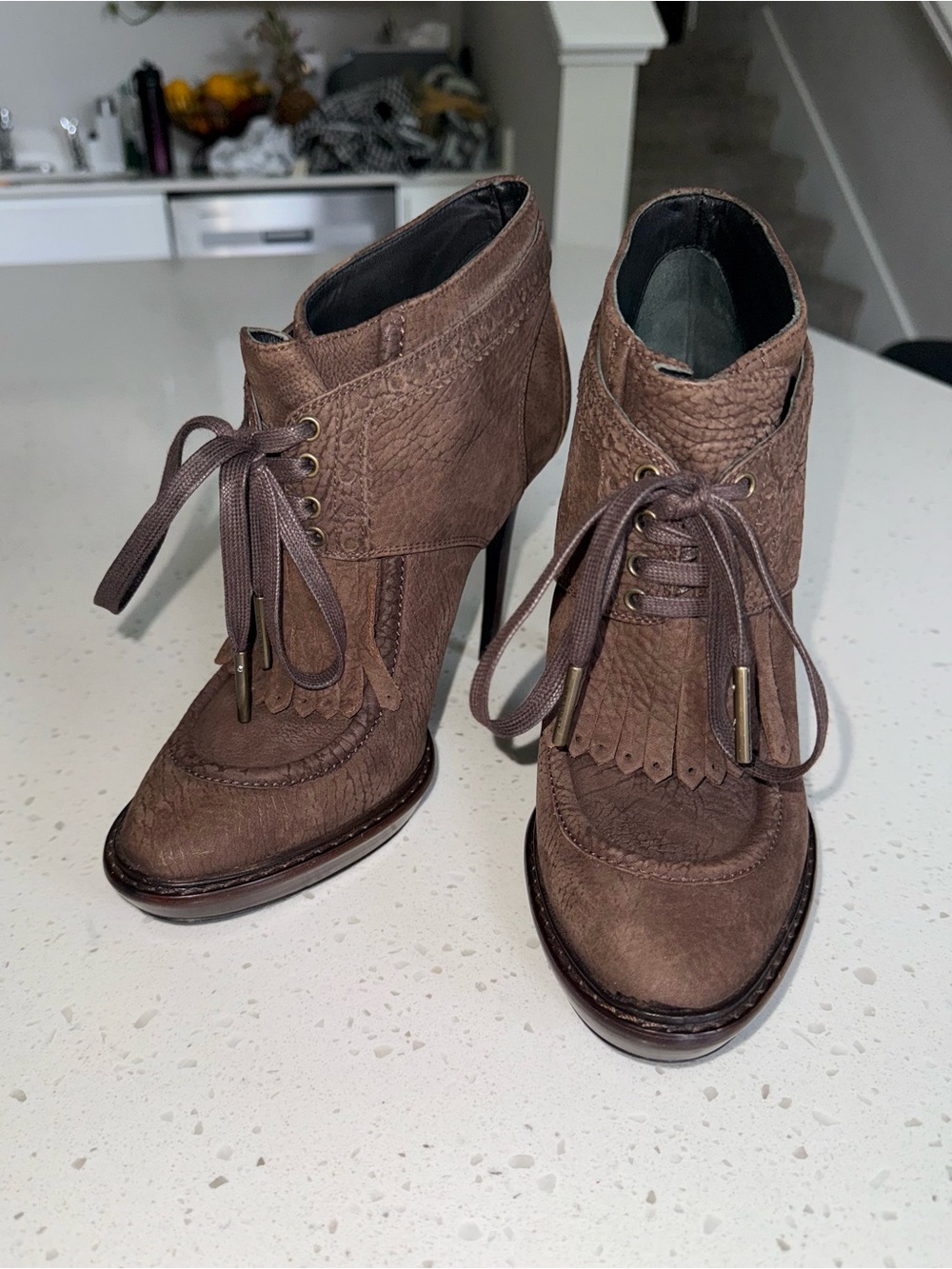 Burberry Brown Leather Tassel Lace-Up Ankle Booties